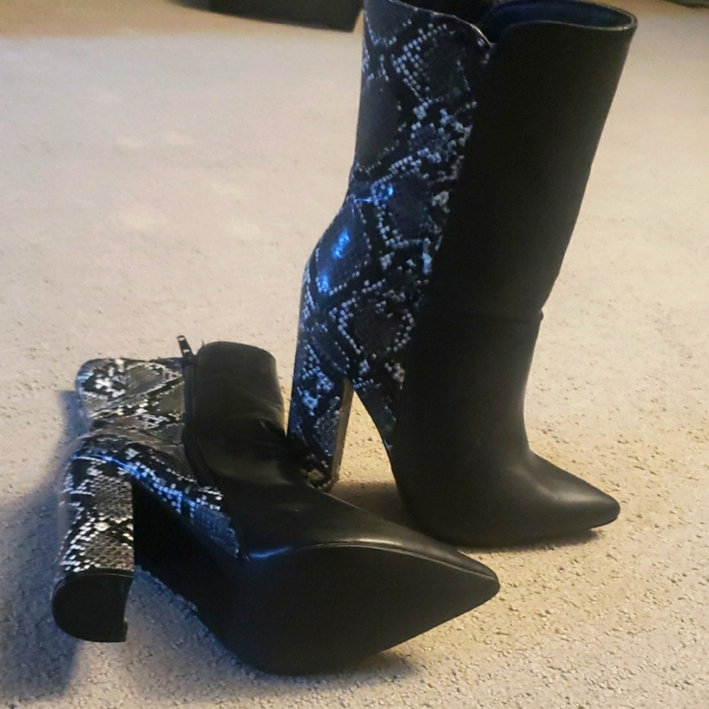 Black and Gray Heeled Boots with Intricate Design